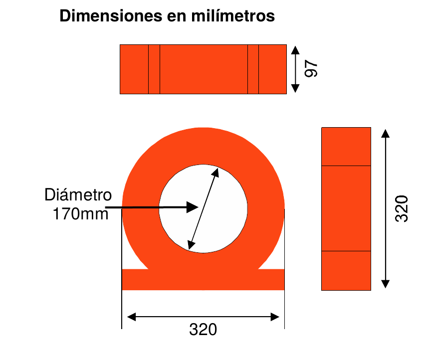 Plano de dimensiones del inyector de corriente 6000VA - El Toroide, 320x320x97mm