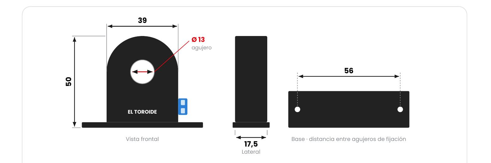 Plano de dimensiones del sensor de corriente 4-20mA - El Toroide, 39x50x17,5mm, agujero 13mm