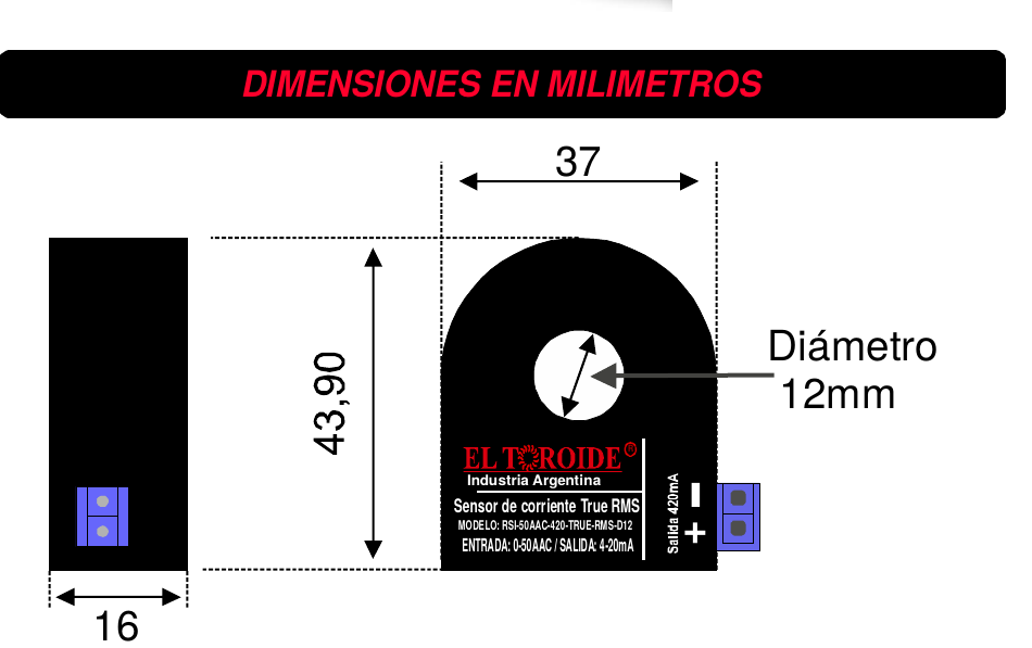 Plano de dimensiones del sensor de corriente 4-20mA - El Toroide, 37x43,90x16mm