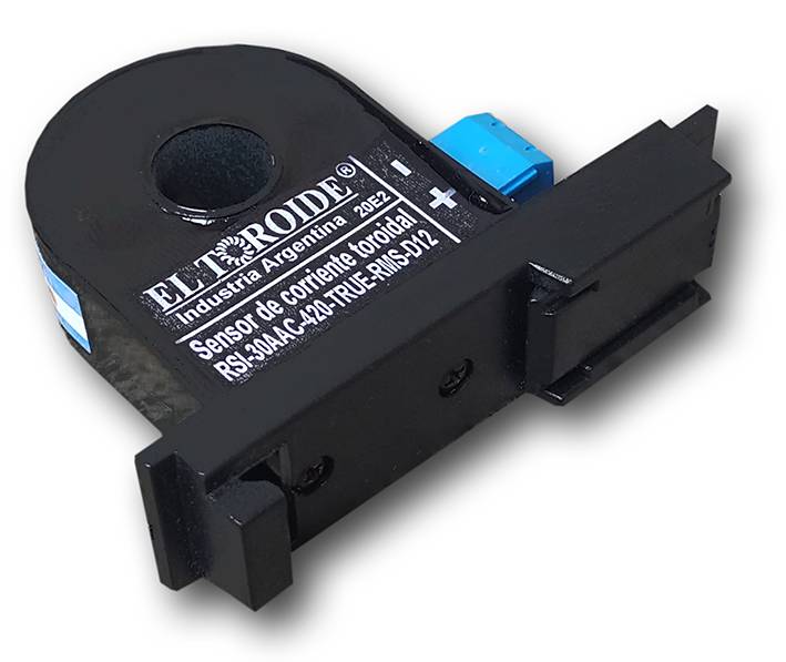 Sensor de corriente 4-20mA con soporte para riel DIN, vista angulada - El Toroide