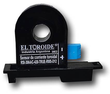 Sensor de corriente 4-20mA con soporte para riel DIN, vista frontal - El Toroide