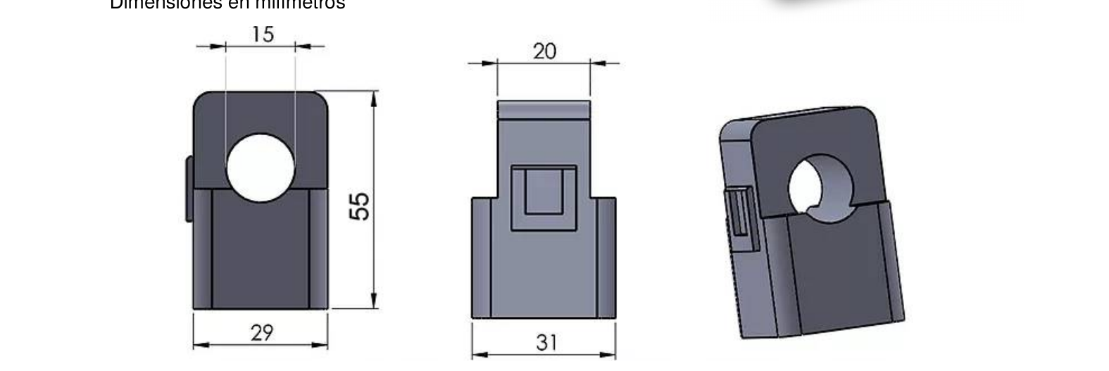 Plano de dimensiones del sensor de corriente núcleo partido PSV-XXXAAC-5VDC-D15 - El Toroide, 29x55x31mm, agujero 15mm