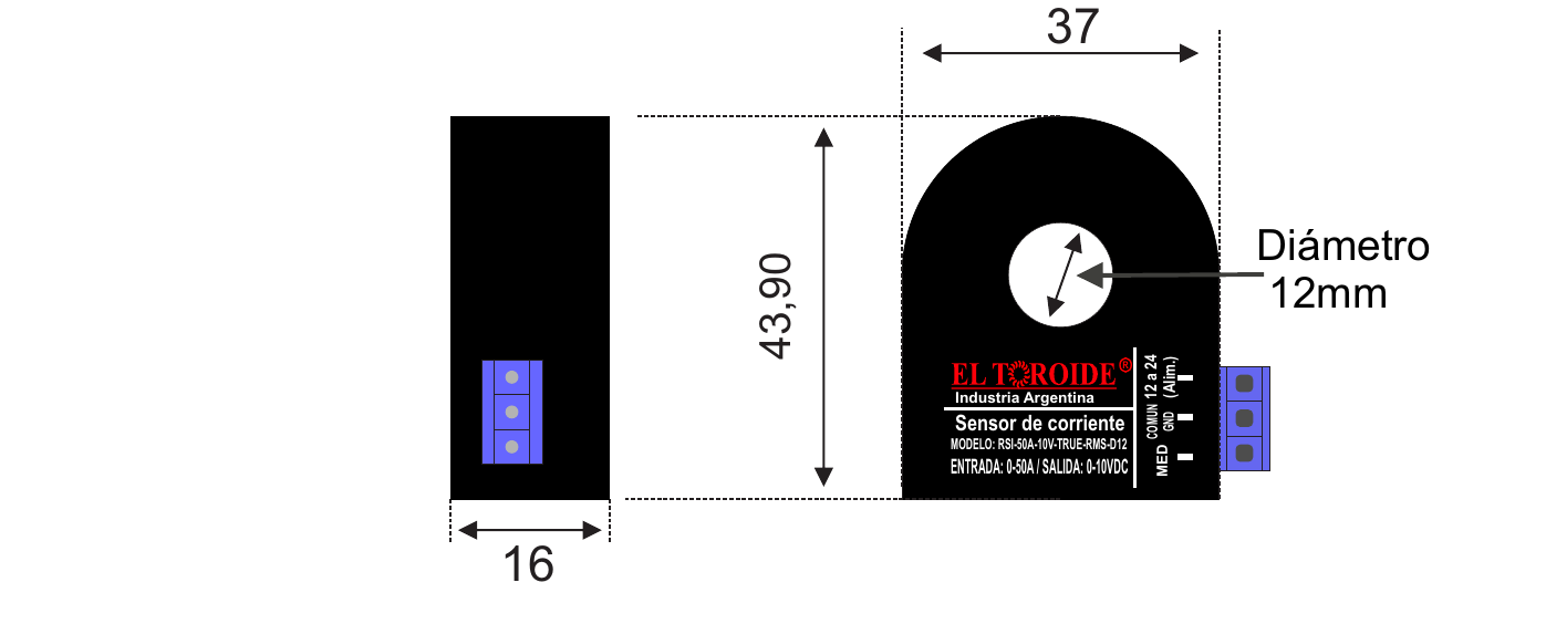 Plano de dimensiones del sensor de corriente RSEC-XXXA-10VDC-TRUE-RMS-D12 - El Toroide, 37x43,90x16mm, agujero 12mm