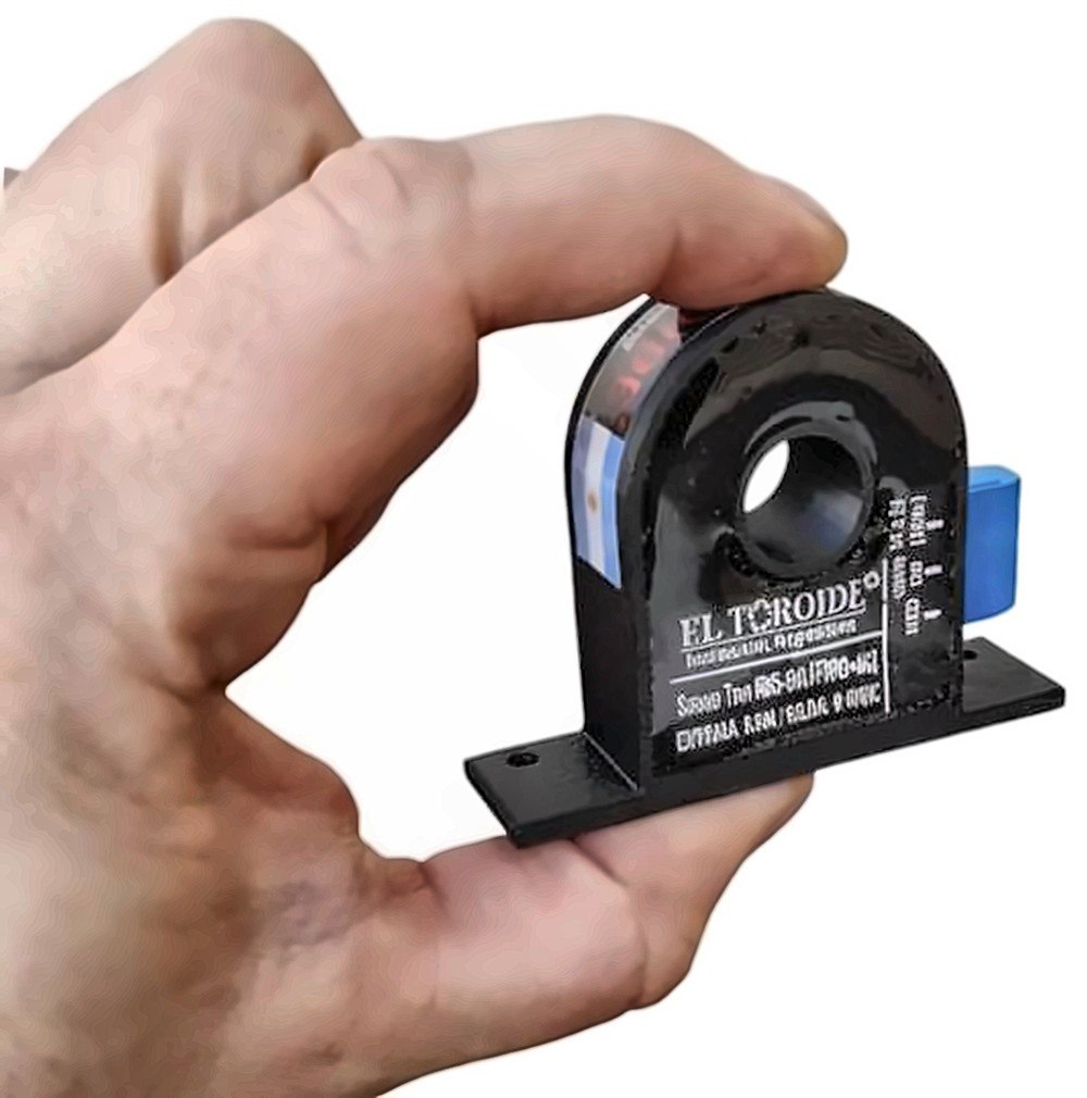 Sensor de corriente RSEC-XXXA-10VDC-TRUE-RMS-D12 sostenido con la mano, compacto con base de fijación - El Toroide