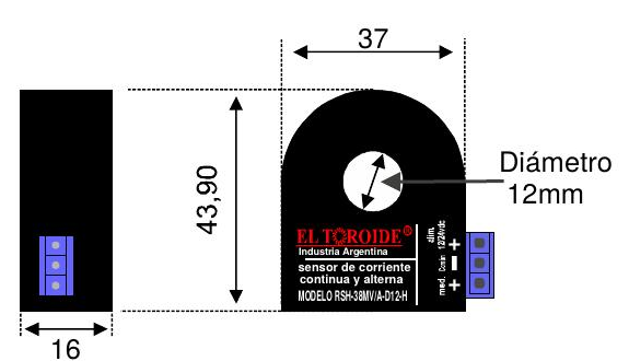 Plano de dimensiones del sensor RSH-38MV-D12-H - El Toroide, 37x43,90x16mm, agujero 12mm