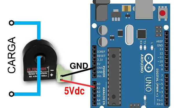 Diagrama de conexión directa del sensor RSV-XXXAAC-5VDC-D12 a Arduino, sin alimentación externa - El Toroide