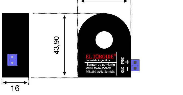 Plano de dimensiones del sensor RSV-XXXAAC-5VDC-D12 - El Toroide, altura 43,90mm, profundidad 16mm, agujero 12mm